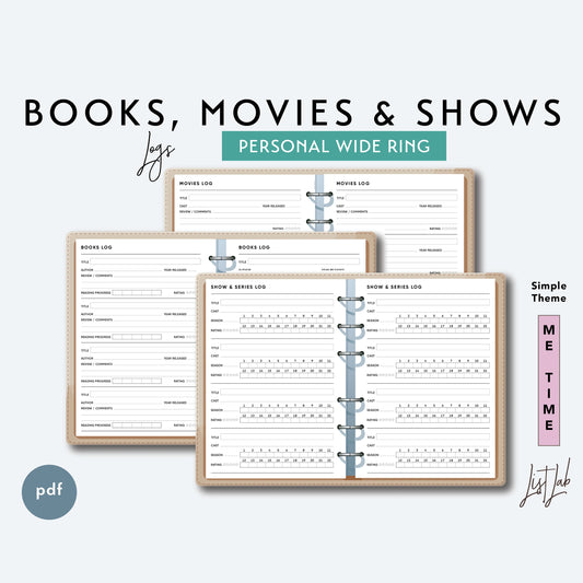 Personal Wide Ring BOOKS, MOVIES & SHOWS LOGS Printable Planner Insert Set