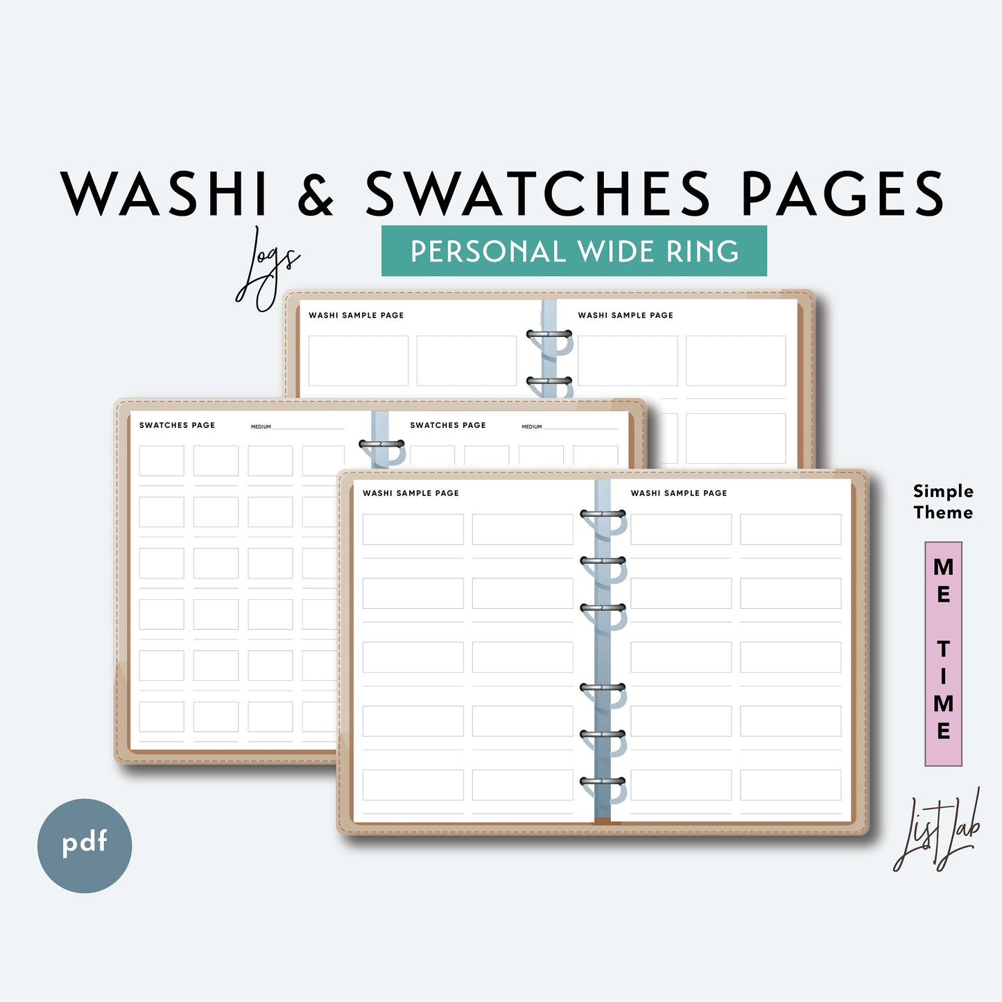 Personal Wide Ring WASHI and SWATCHES PAGES  Printable Insert Set