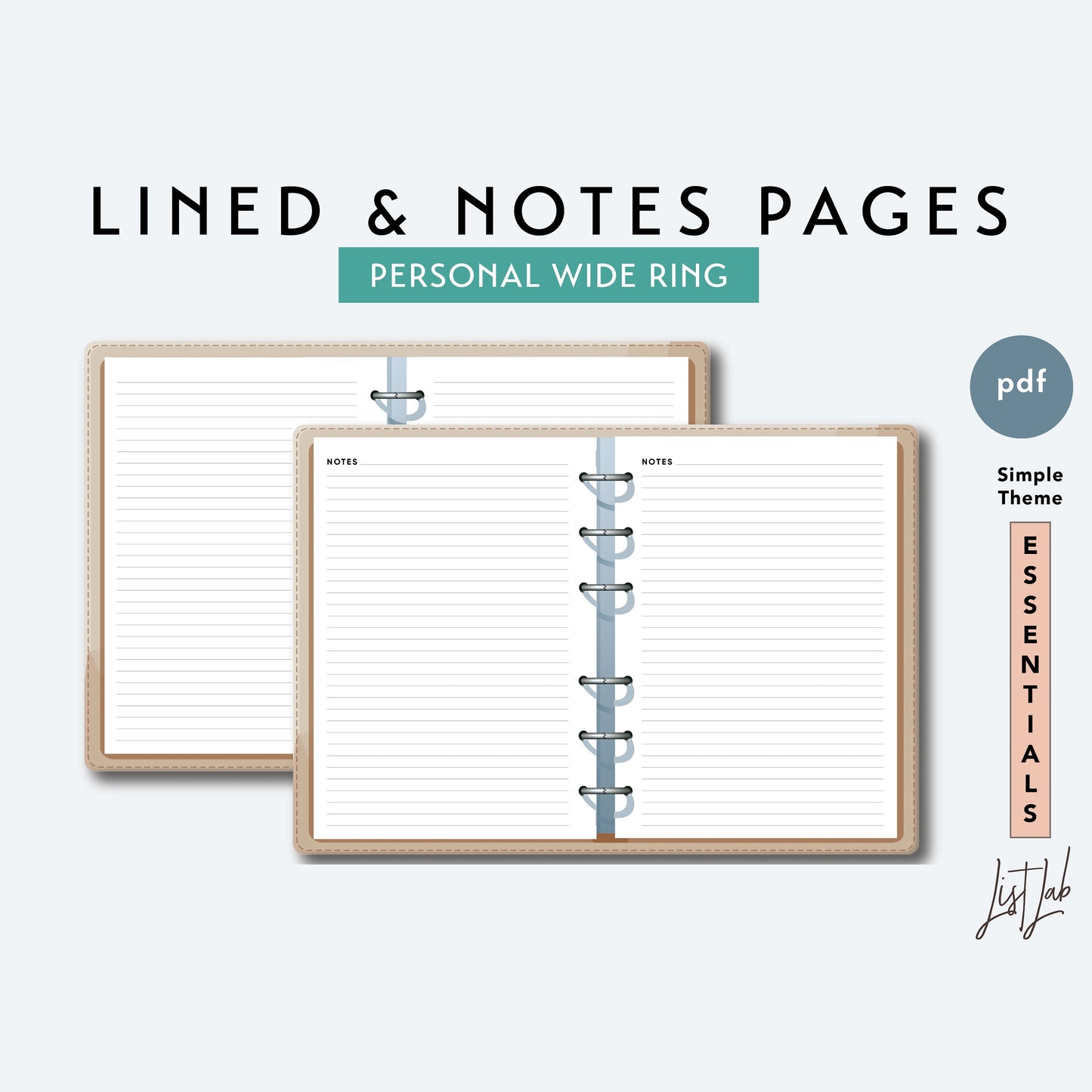 Personal Wide Ring NOTES and LINED Pages Printable Insert Set