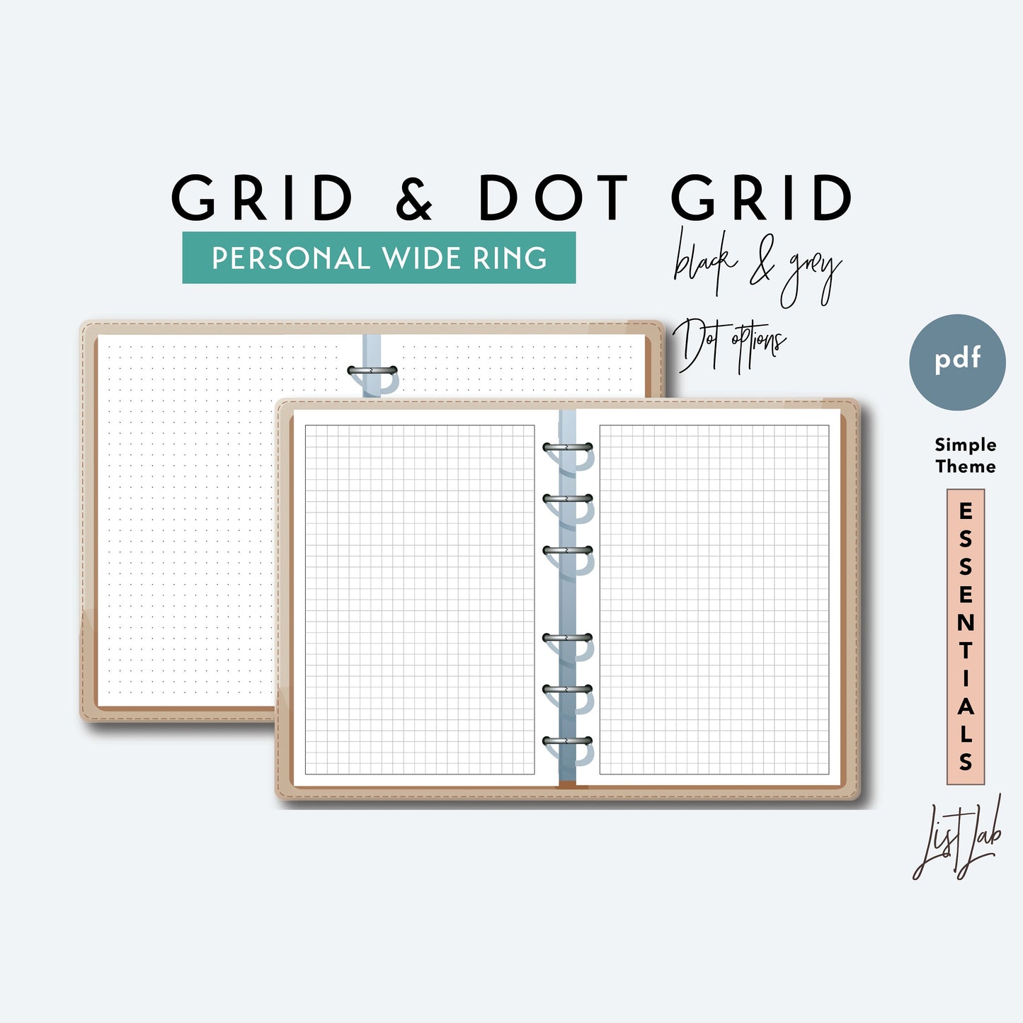 Personal Wide Ring GRID AND DOT GRID Pages Printable Insert Set