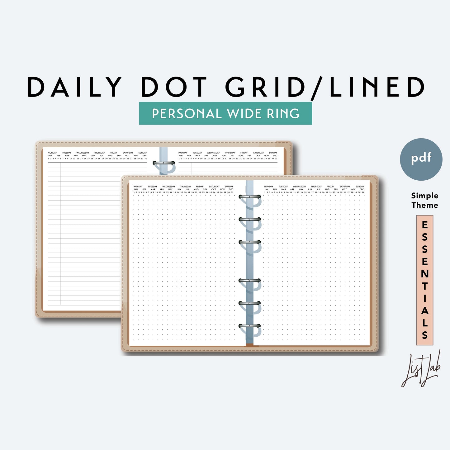 Personal Wide Ring DAILY DOT GRID and Daily Lined Printable Insert Set