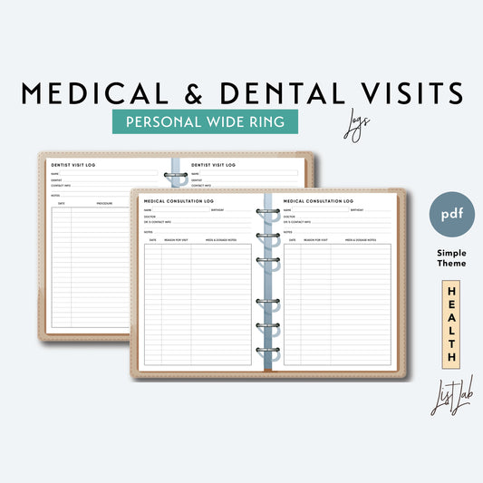 Personal Wide Ring MEDICAL and DENTAL VISITS Logs Printable Insert Set