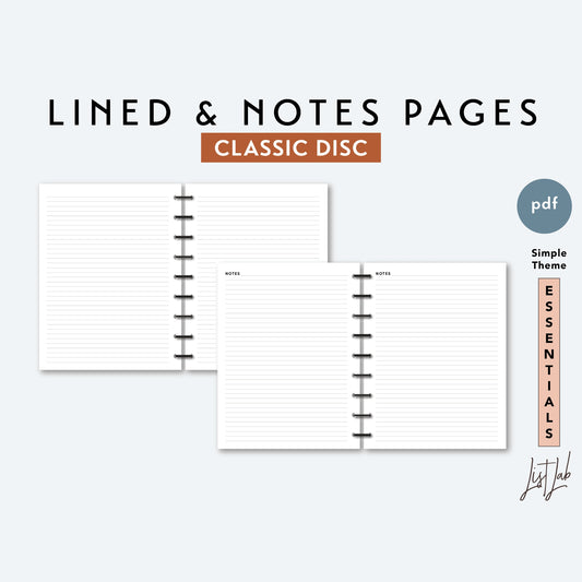 Classic Discbound NOTES & LINED PAGES Printable Insert Set