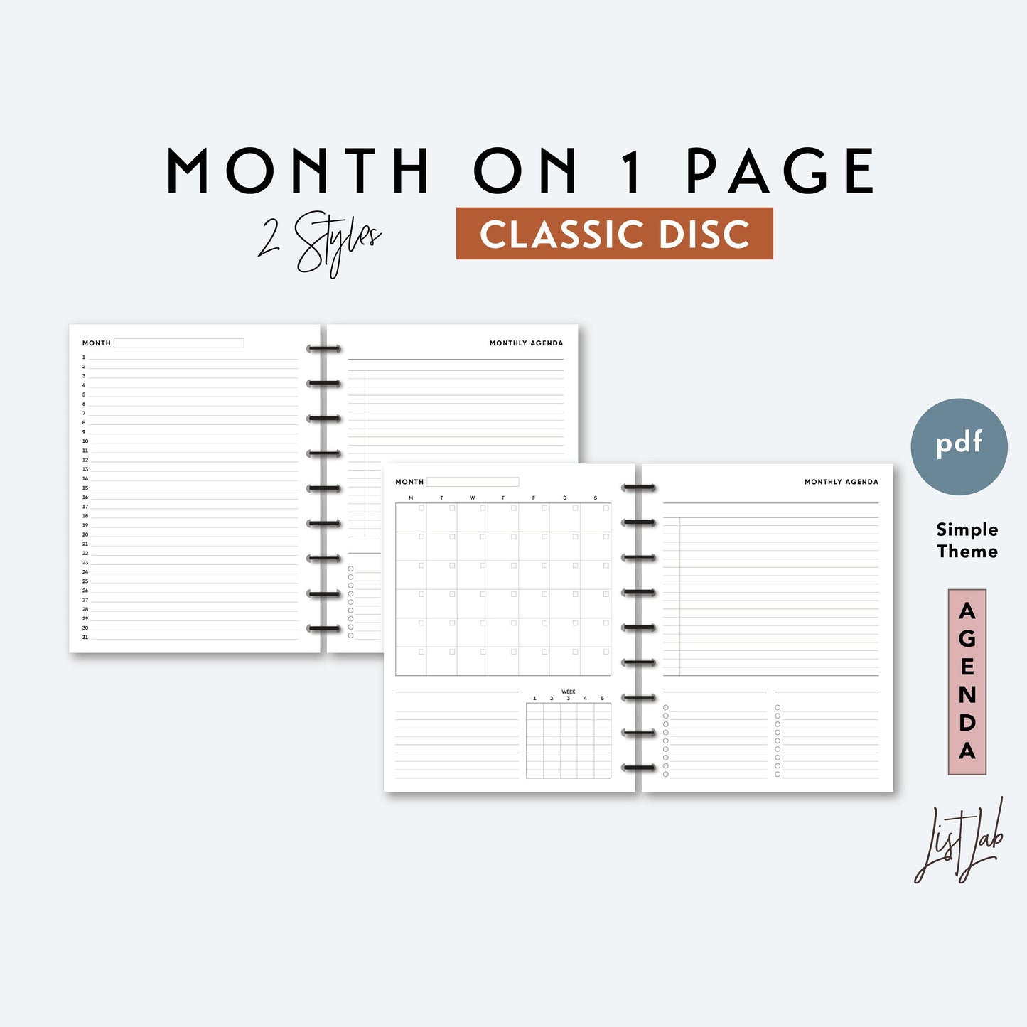 Classic Discbound MONTH ON 1 PAGE with Lists and Tracker Printable Insert Set