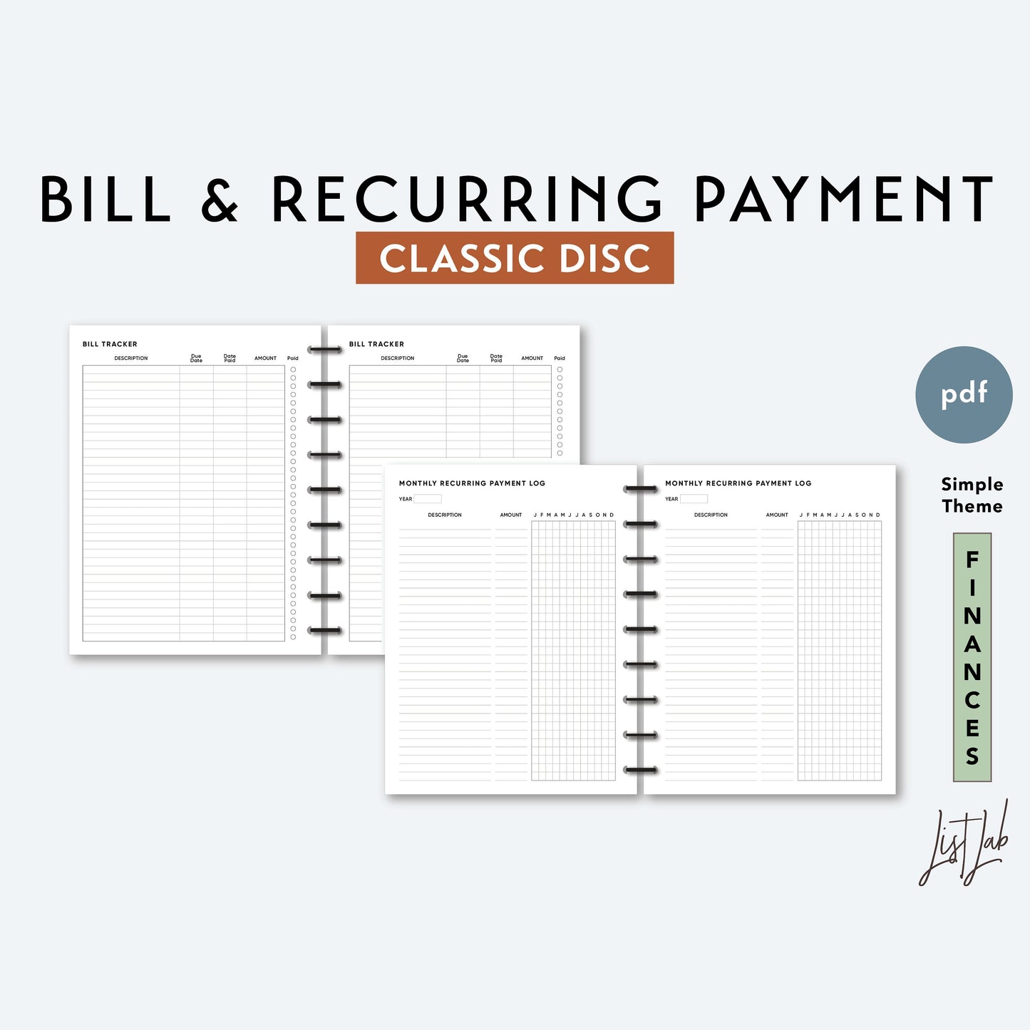 Classic Discbound BILL & RECURRING PAYMENT Printable Insert Set
