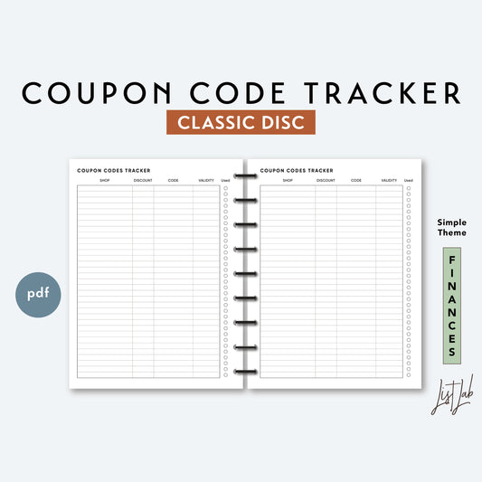 Classic Discbound COUPON CODE TRACKER Printable Insert Set