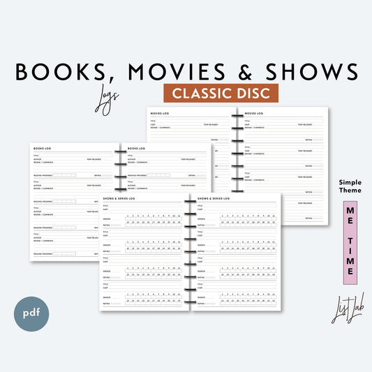 Classic Discbound BOOKS, MOVIES & SHOWS LOGS Printable Insert Set
