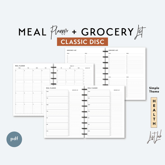 Classic Discbound MEAL PLANNER and GROCERY List Printable Insert Set