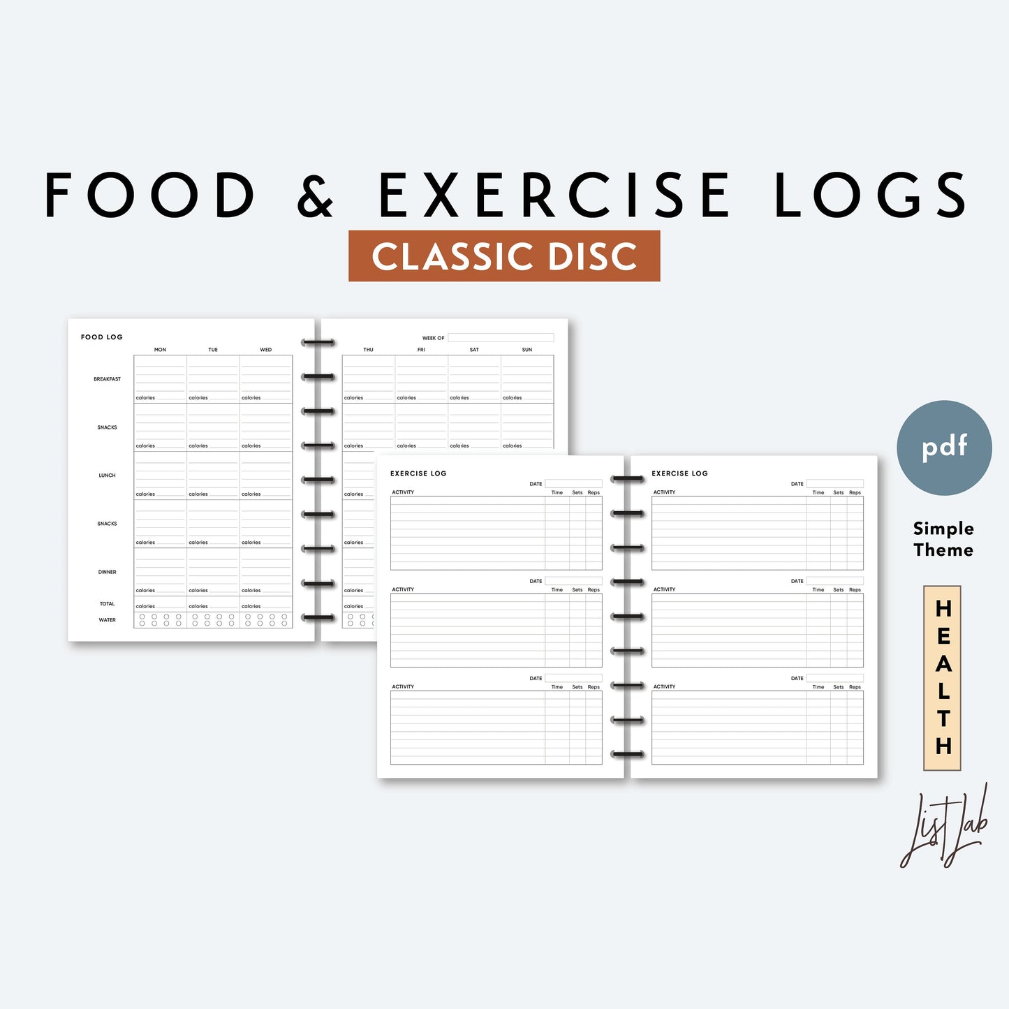 Classic Discbound FOOD and EXERCISE LOGS Printable Insert Set