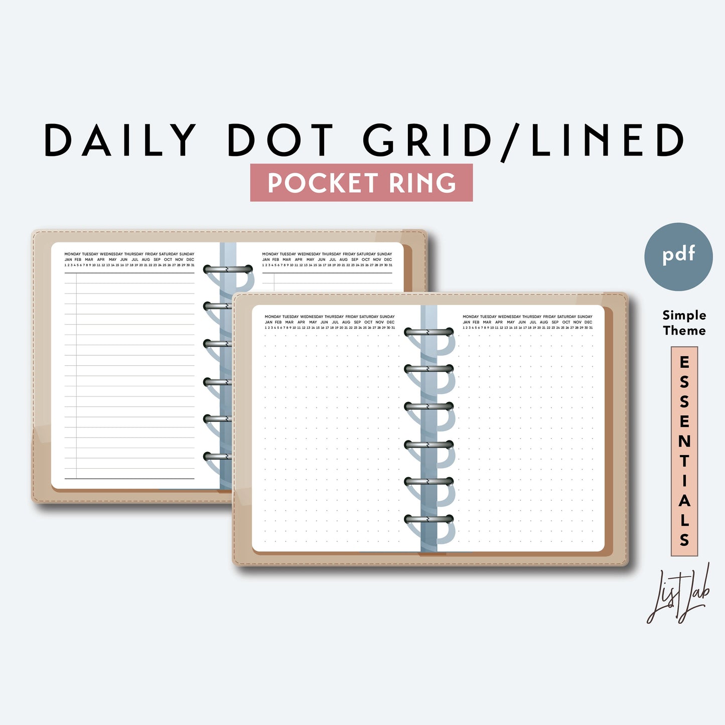Pocket Ring DAILY DOT GRID AND DAILY LINED Printable Insert Set
