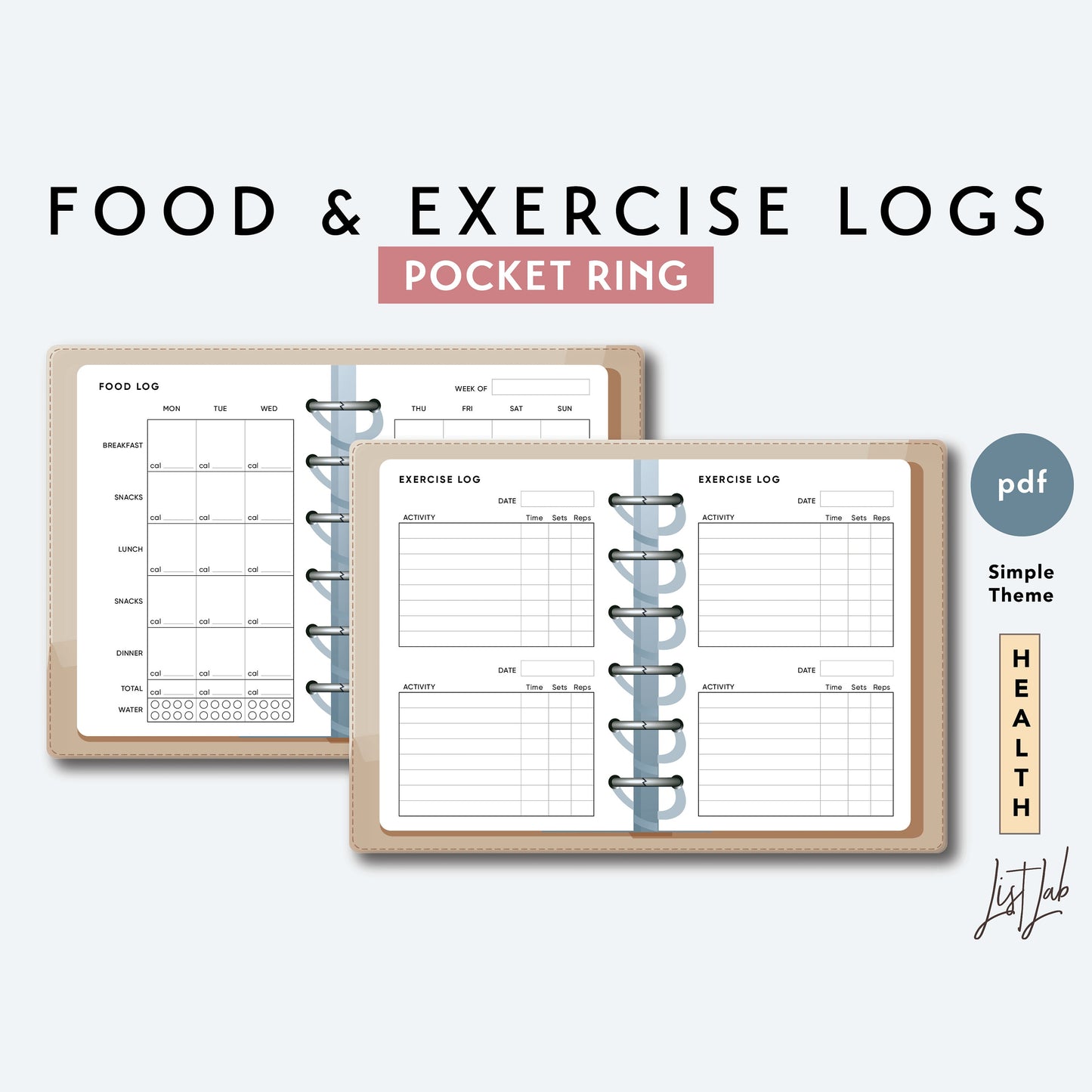 Pocket Ring FOOD AND EXERCISE Logs Printable Insert Set