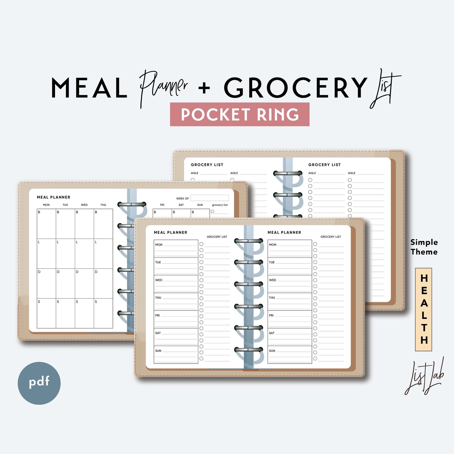 Pocket Ring MEAL PLANNER and GROCERY List Printable Insert Set