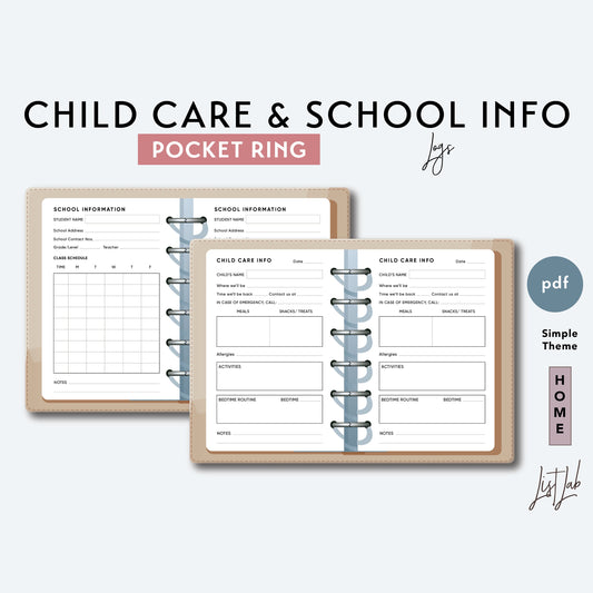 Pocket Ring CHILD CARE and SCHOOL Information Set Printable Insert Set