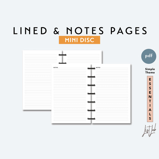 MINI Discbound NOTES & LINED PAGES Printable Insert Set
