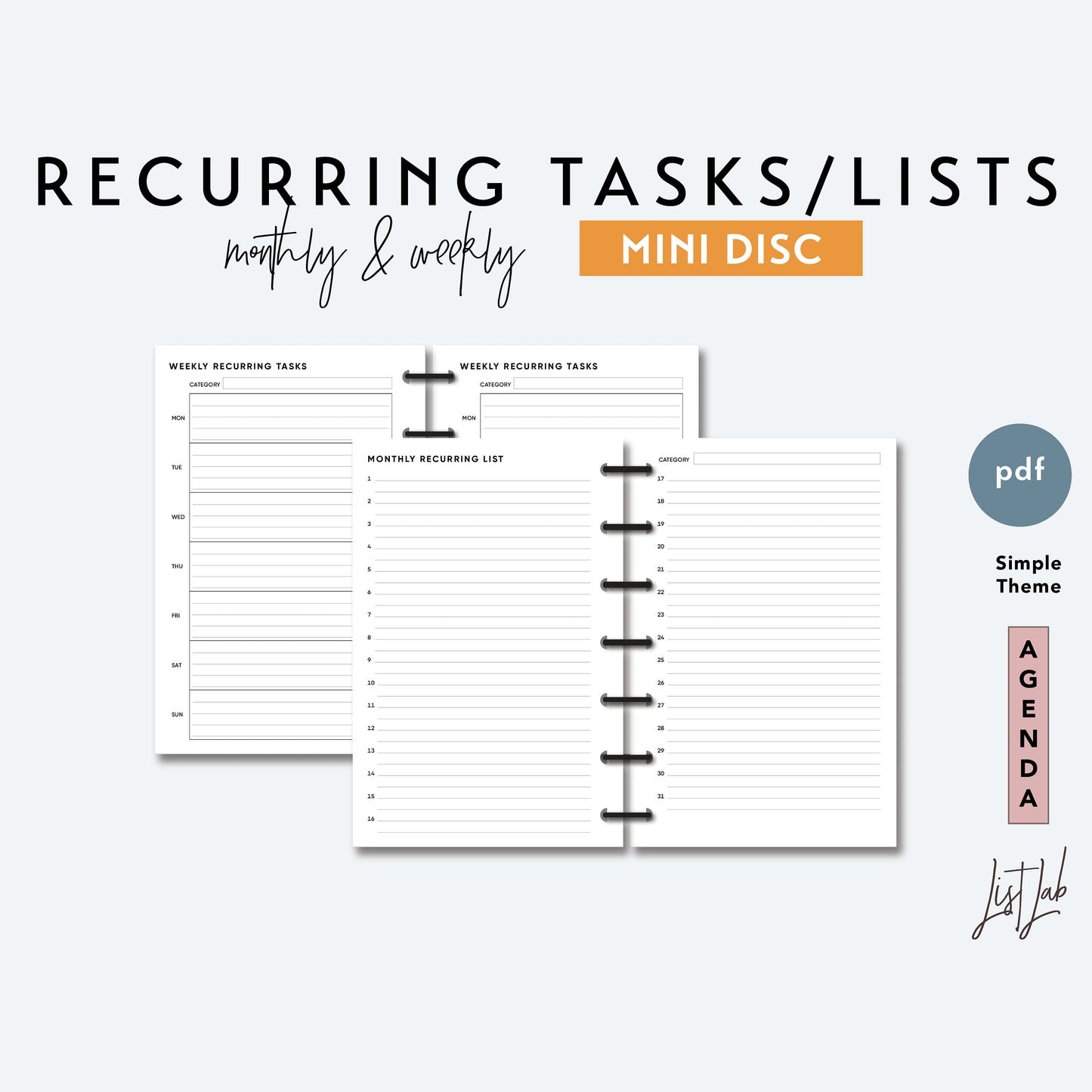 MINI Discbound MONTHLY AND WEEKLY RECURRING Tasks and List Printable Insert Set