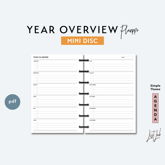 Mini Discbound YEAR OVERVIEW PLANNER Printable Insert Set
