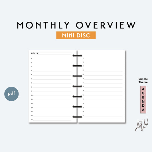 Mini Discbound MONTHLY LIST OVERVIEW Printable Insert Set