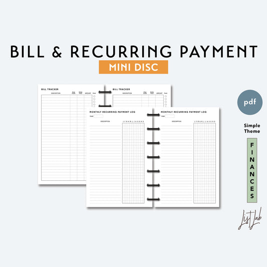 Mini Discbound BILL & RECURRING PAYMENT SET Printable Insert Set