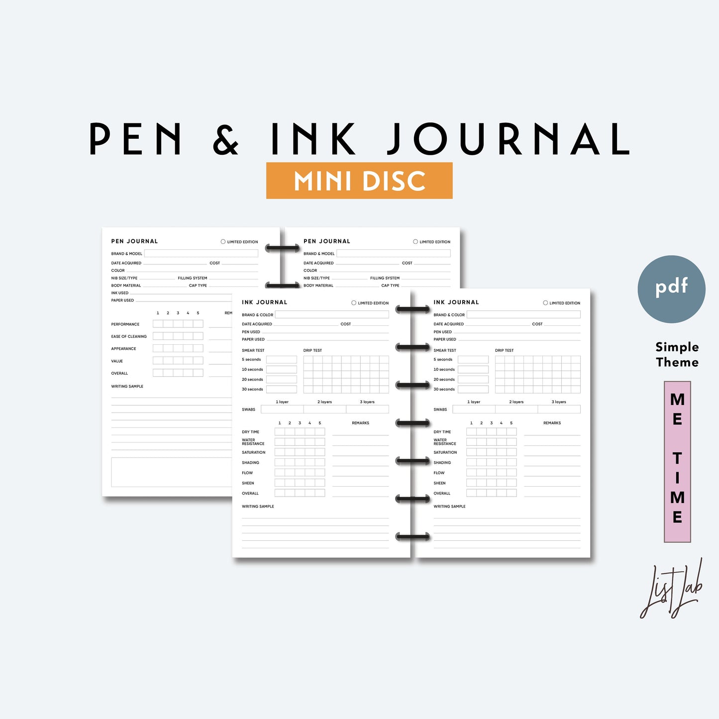 MINI Discbound PEN AND INK JOURNAL Set Printable Insert Set