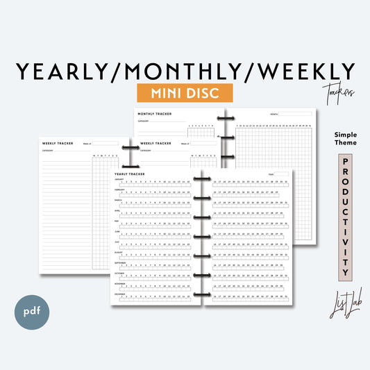Mini Discbound YEARLY, MONTHLY, WEEKLY TRACKERS Printable Insert Set