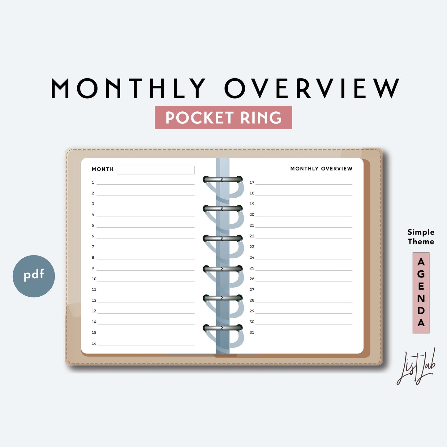 Pocket Ring MONTHLY OVERVIEW Printable Insert Set