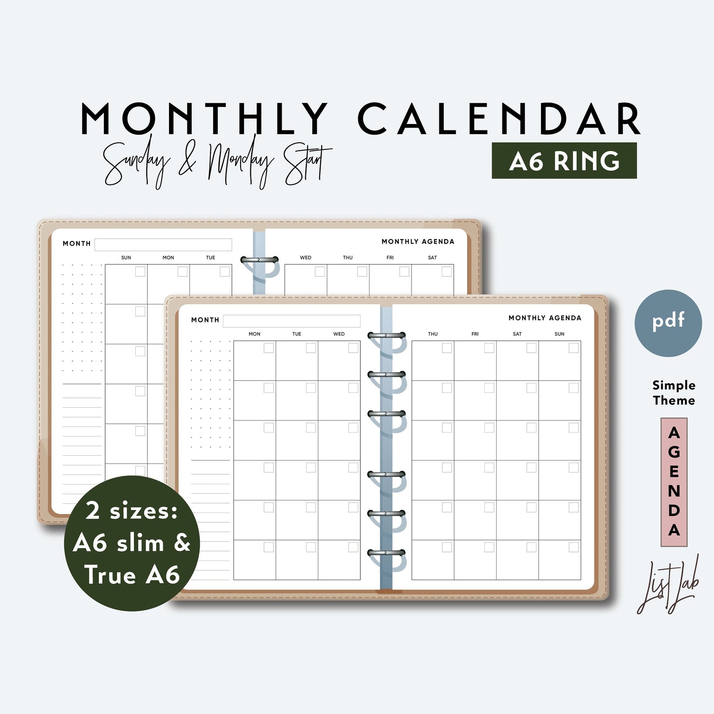 A6 Ring MONTH ON 2 PAGES Printable Set
