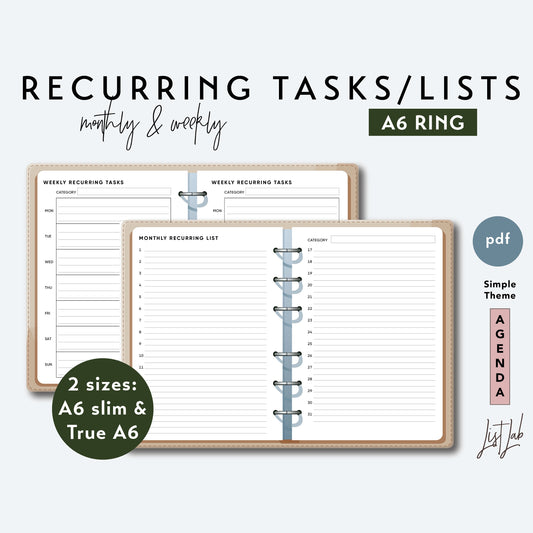 A6 Ring MONTHLY & WEEKLY RECURRING Tasks and List Printable Set