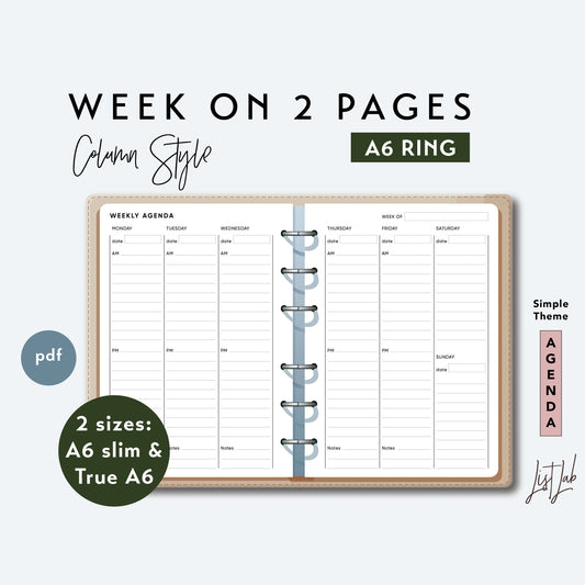 A6 Ring Week on 2 Pages WO2P Vertical - Column Style Printable Set
