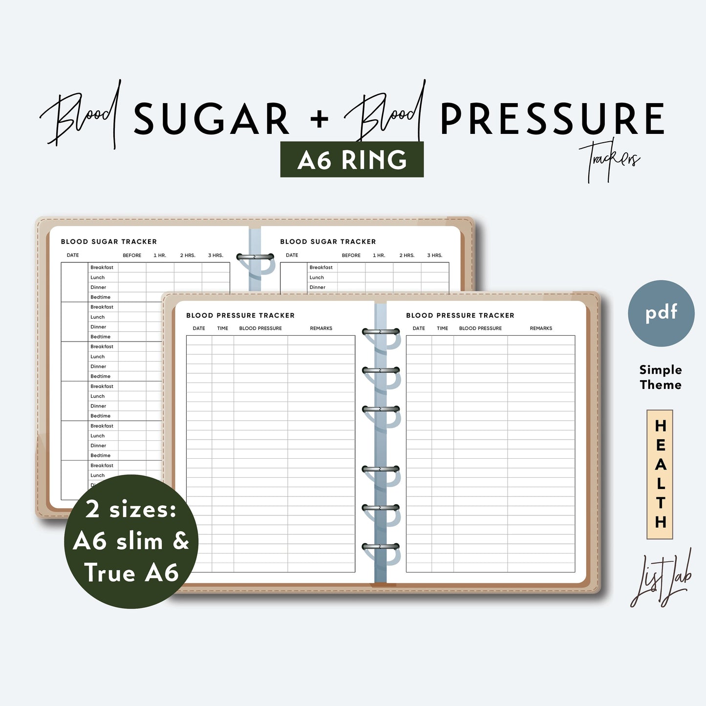 A6 Ring BLOOD SUGAR and Blood PRESSURE Trackers Printable Set