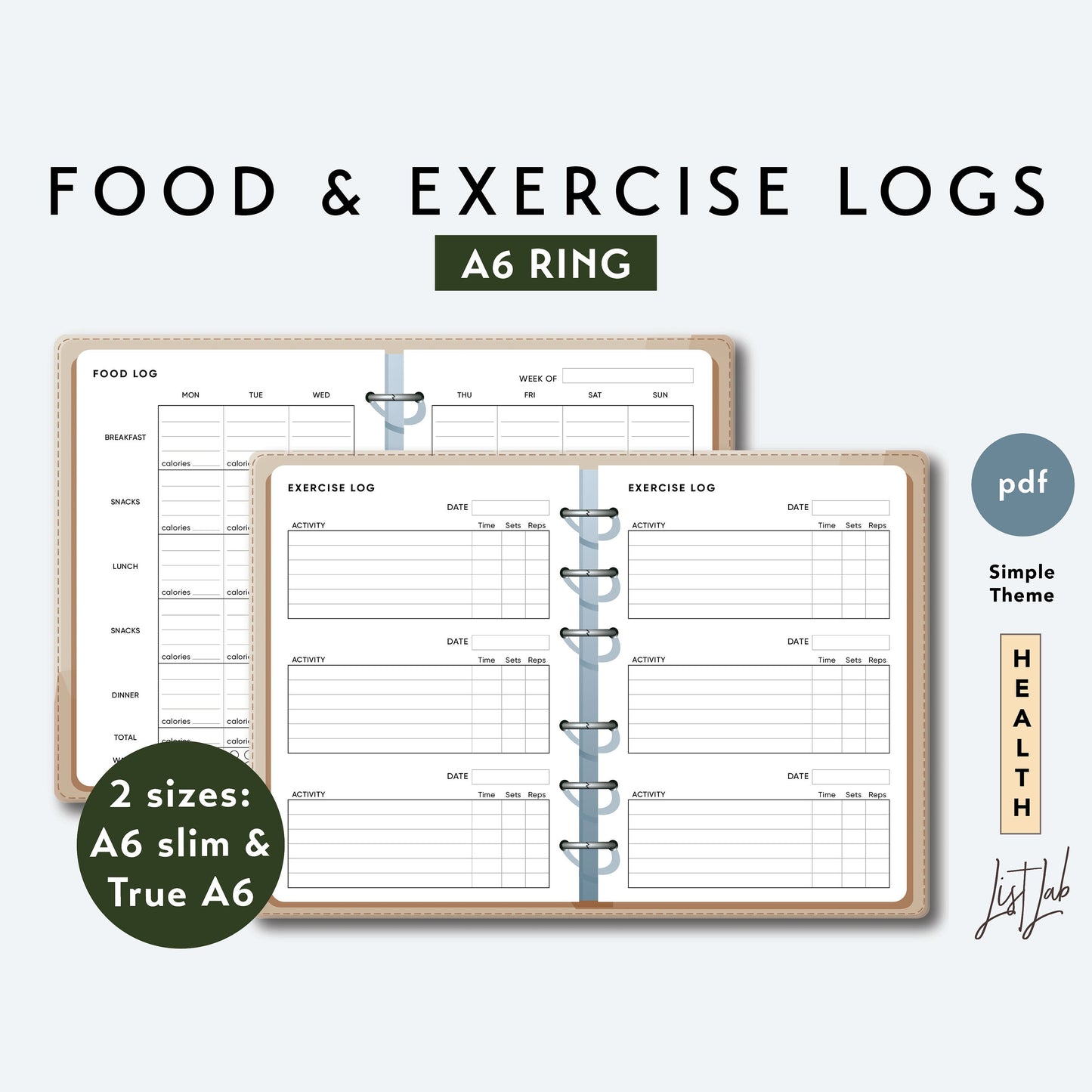 A6 Ring FOOD and EXERCISE Logs Printable Set