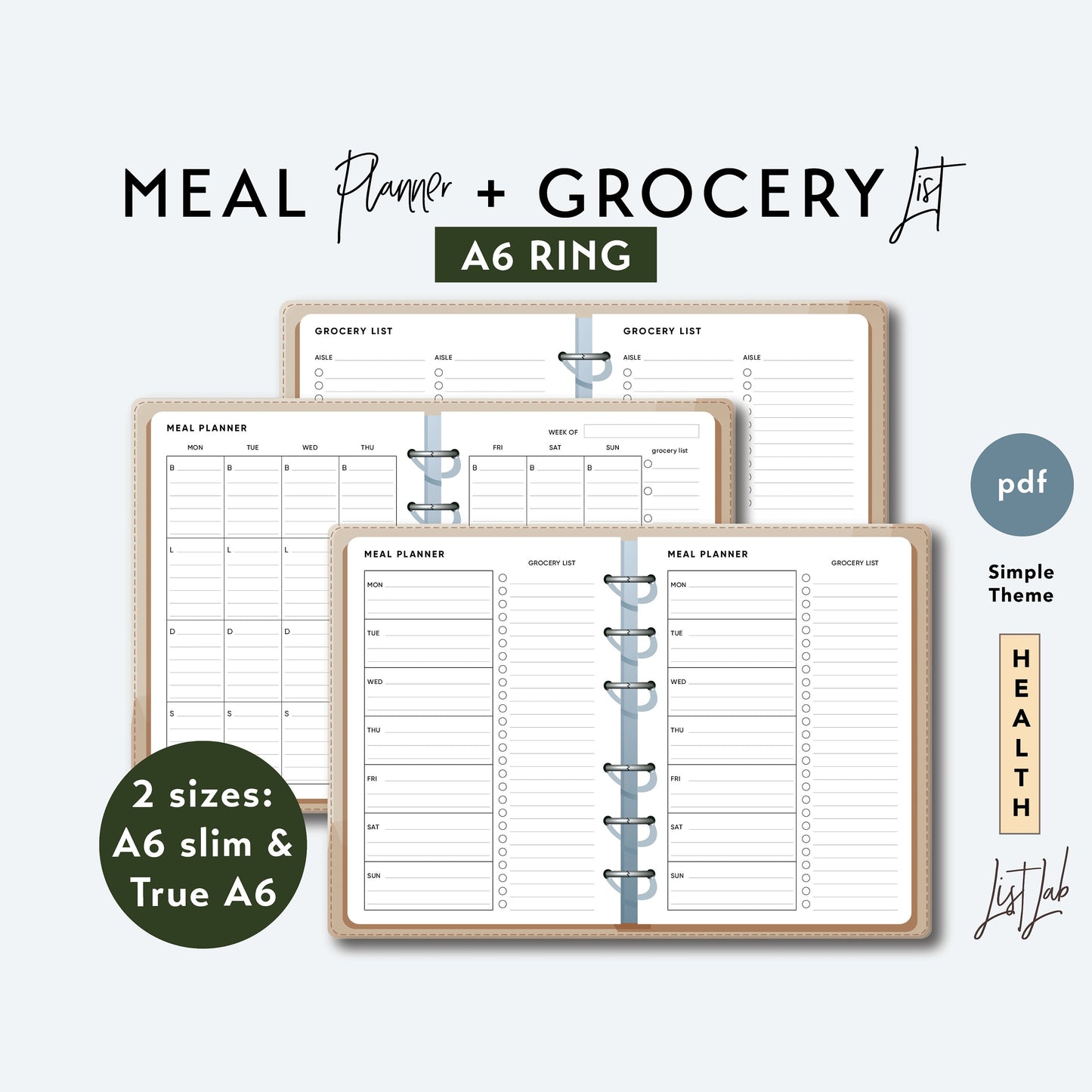 A6 Ring MEAL PLANNER and GROCERY List Printable Set