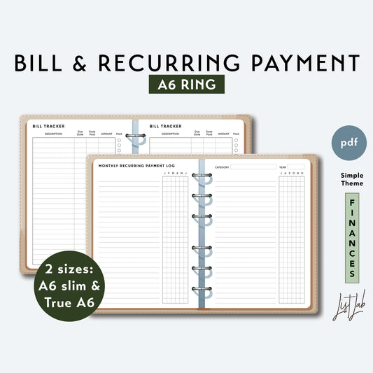 A6 Ring BILL & RECURRING PAYMENT Printable Set