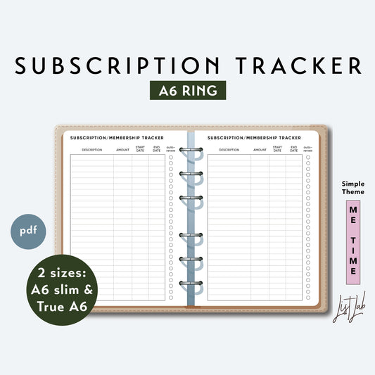 A6 Ring SUBSCRIPTION and MEMBERSHIP TRACKER Printable Set