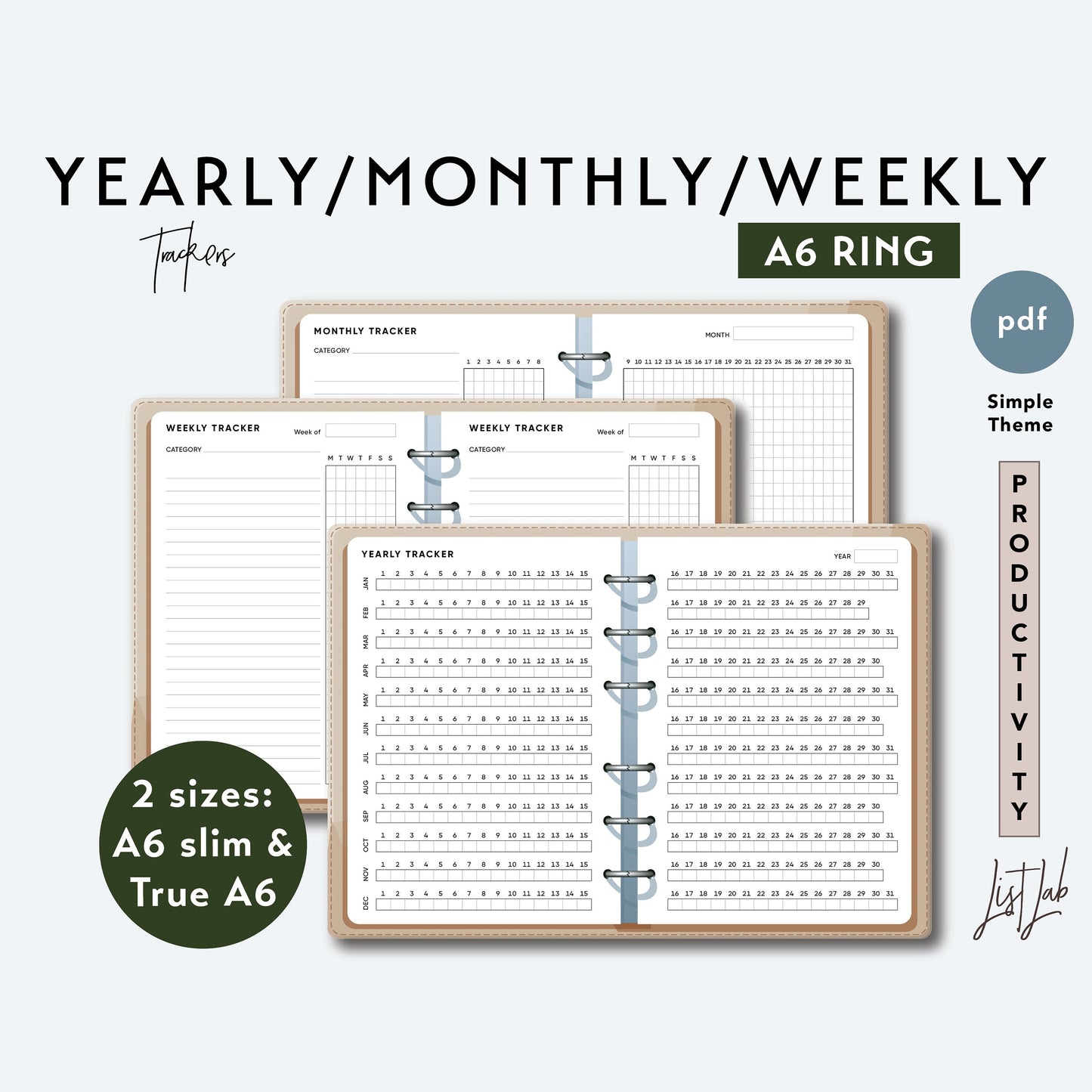 A6 Ring YEARLY, MONTHLY & WEEKLY Trackers Set Printable Set