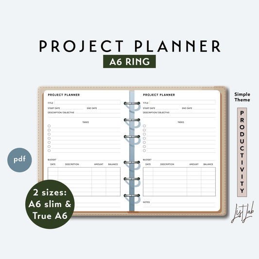 A6 Ring PROJECT PLANNER Printable Set