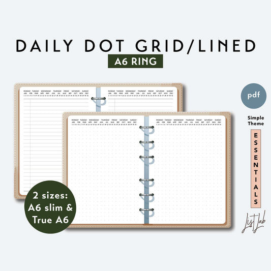 A6 Ring DAILY DOT GRID & DAILY LINED  Printable Set