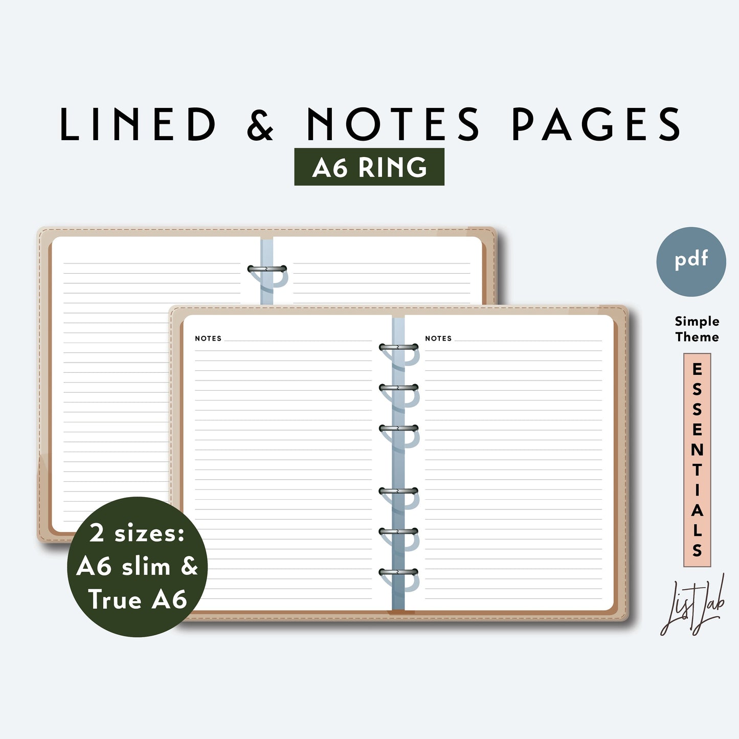 A6 Ring NOTES & LINED PAGES Printable Set