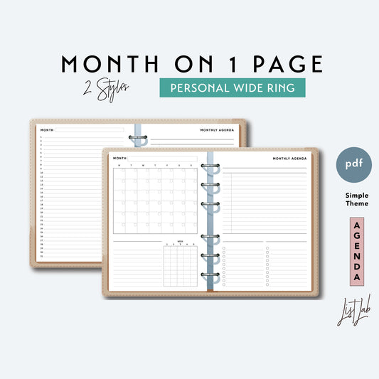 Personal Wide Ring MONTH ON 1 PAGE with Lists and Tracker Printable Planner Insert Set