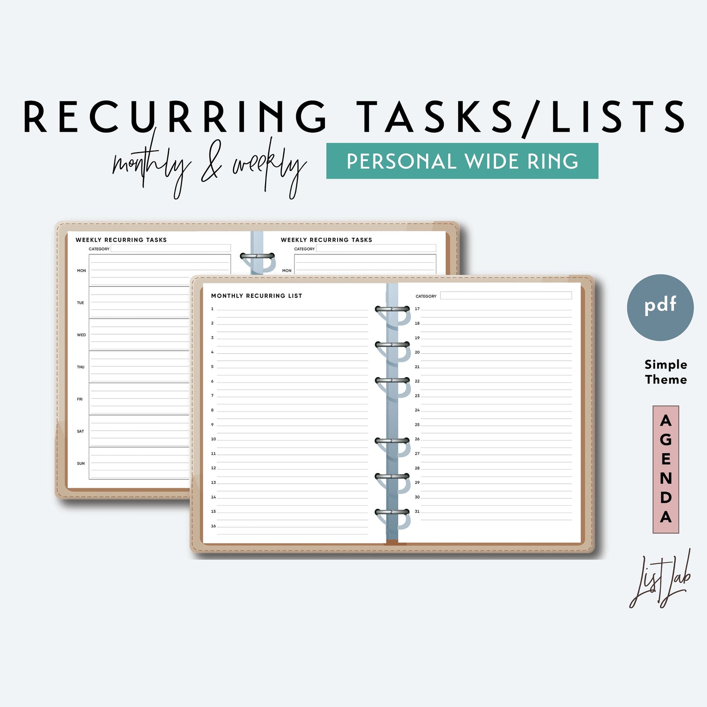 Personal Wide Ring MONTHLY and WEEKLY RECURRING Tasks and List Printable Insert Set