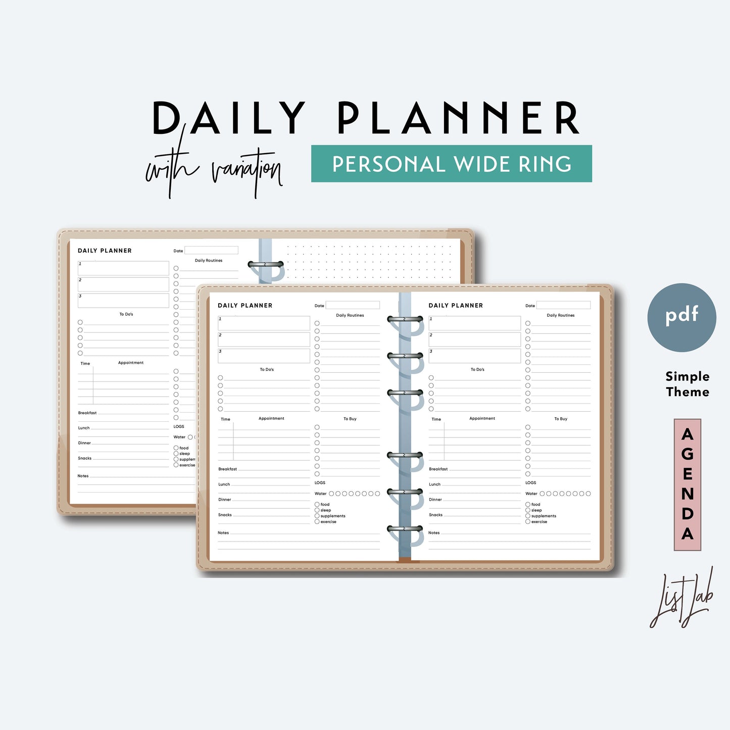 Personal Wide Ring DAILY PLANNER Printable Insert Set