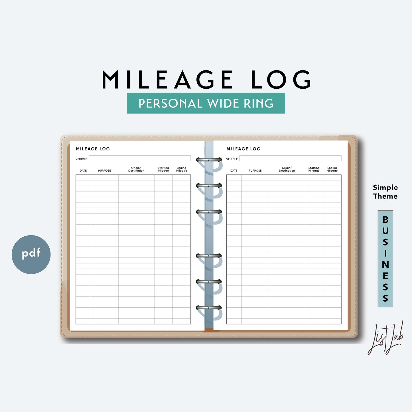 Personal Wide Ring MILEAGE LOG Printable Planner Insert Set