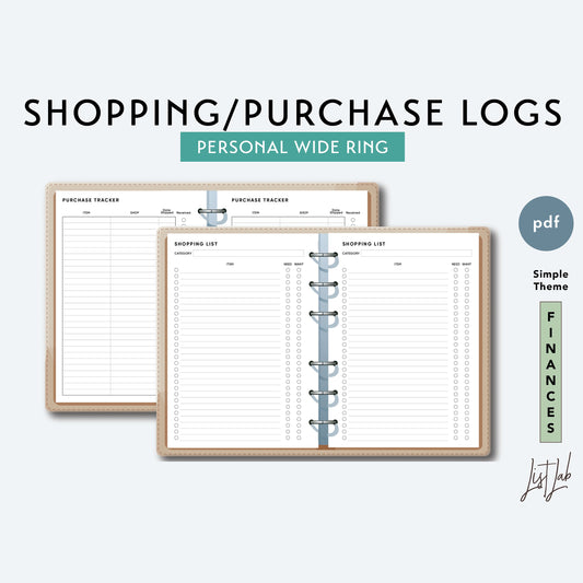 Personal Wide Ring SHOPPING LIST and PURCHASE TRACKER Printable Insert Set