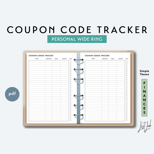 Personal Wide Ring COUPON CODE TRACKER Printable Insert Set