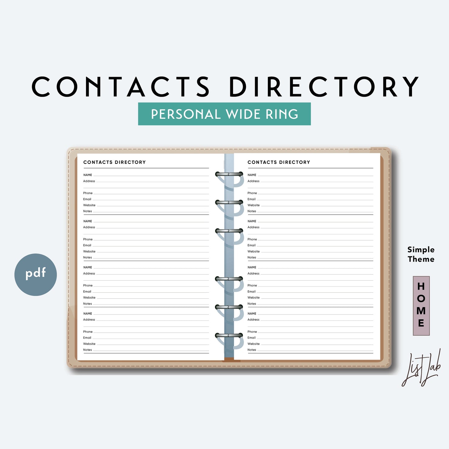 Personal Wide Ring CONTACTS DIRECTORY Printable Insert Set