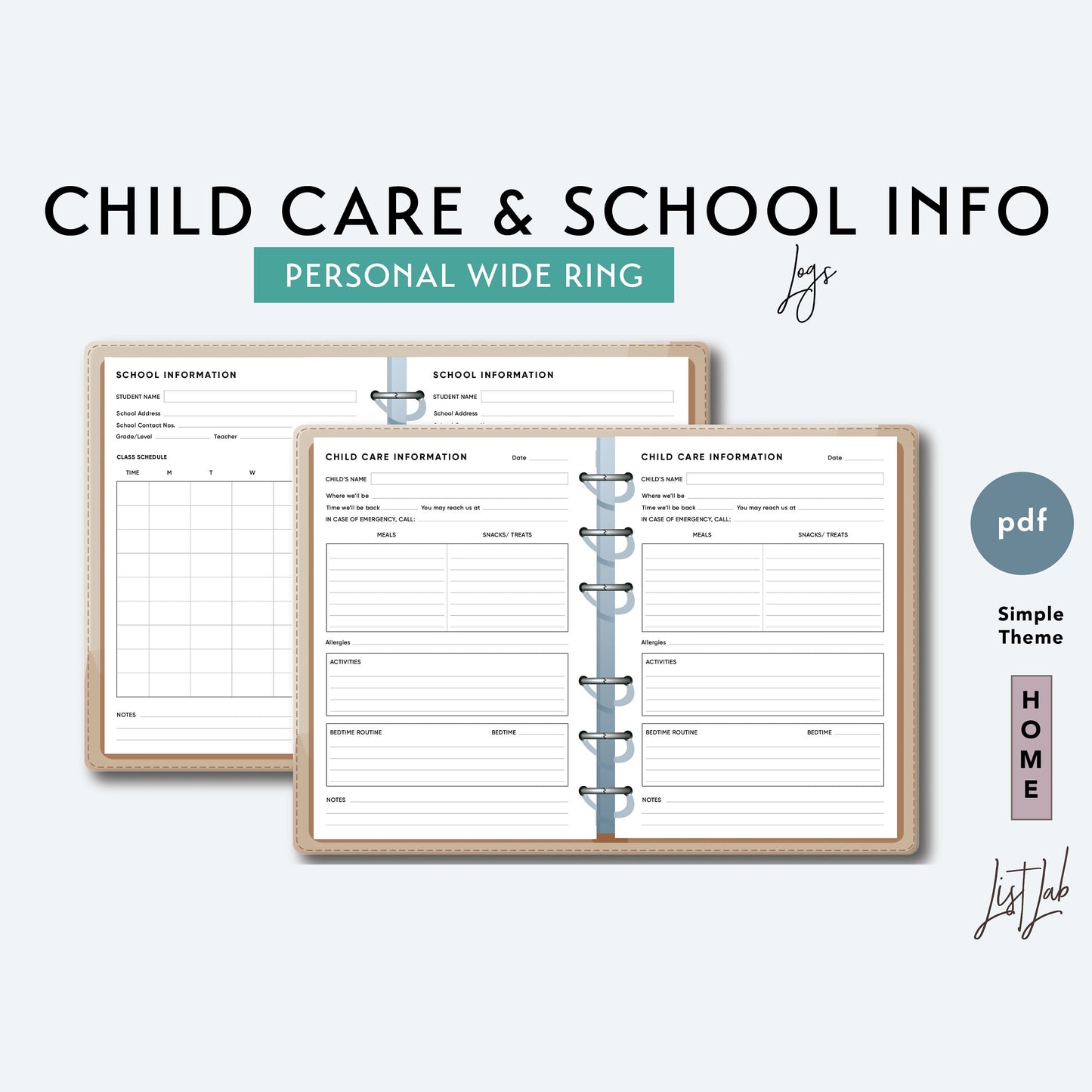 Personal Wide Ring CHILD CARE INFO and SCHOOL INFO Logs Printable Insert Set