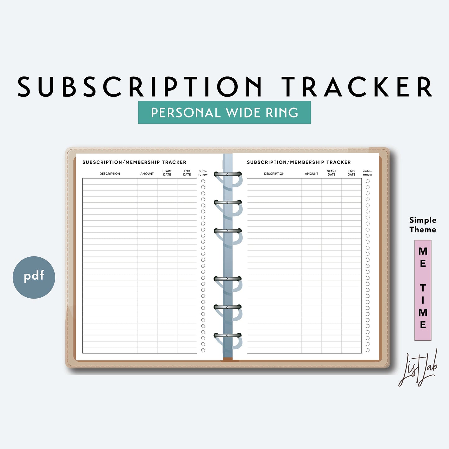 Personal Wide Ring SUBSCRIPTION and MEMBERSHIP TRACKER Printable Insert Set