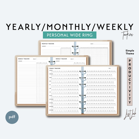 Personal Wide Ring YEARLY, MONTHLY and WEEKLY TRACKERS Printable Insert Set