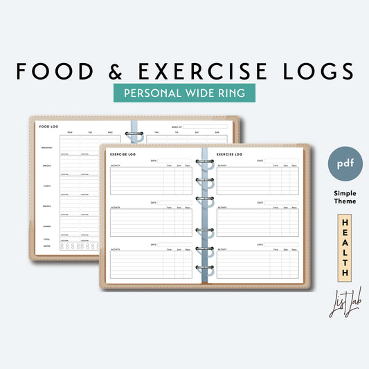 Personal Wide Ring FOOD and EXERCISE Logs Printable Insert Set