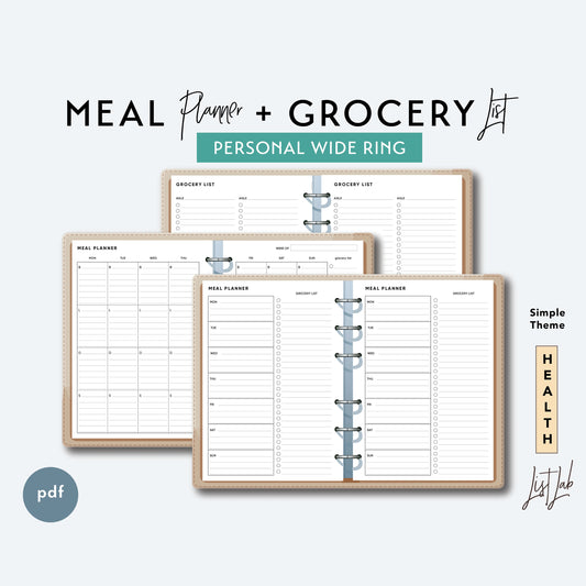 Personal Wide Ring MEAL PLANNER and GROCERY List Printable Planner Insert Set