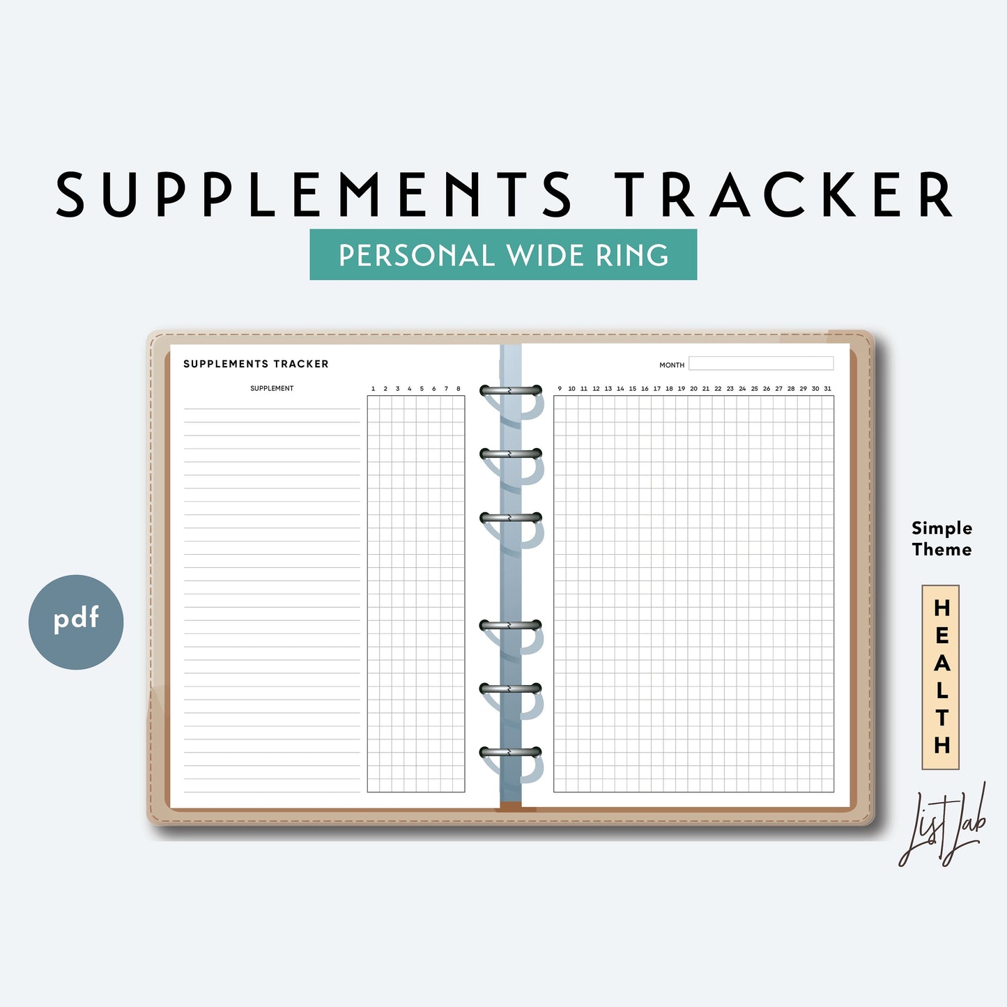 Personal Wide Ring SUPPLEMENTS TRACKER  Printable Insert Set